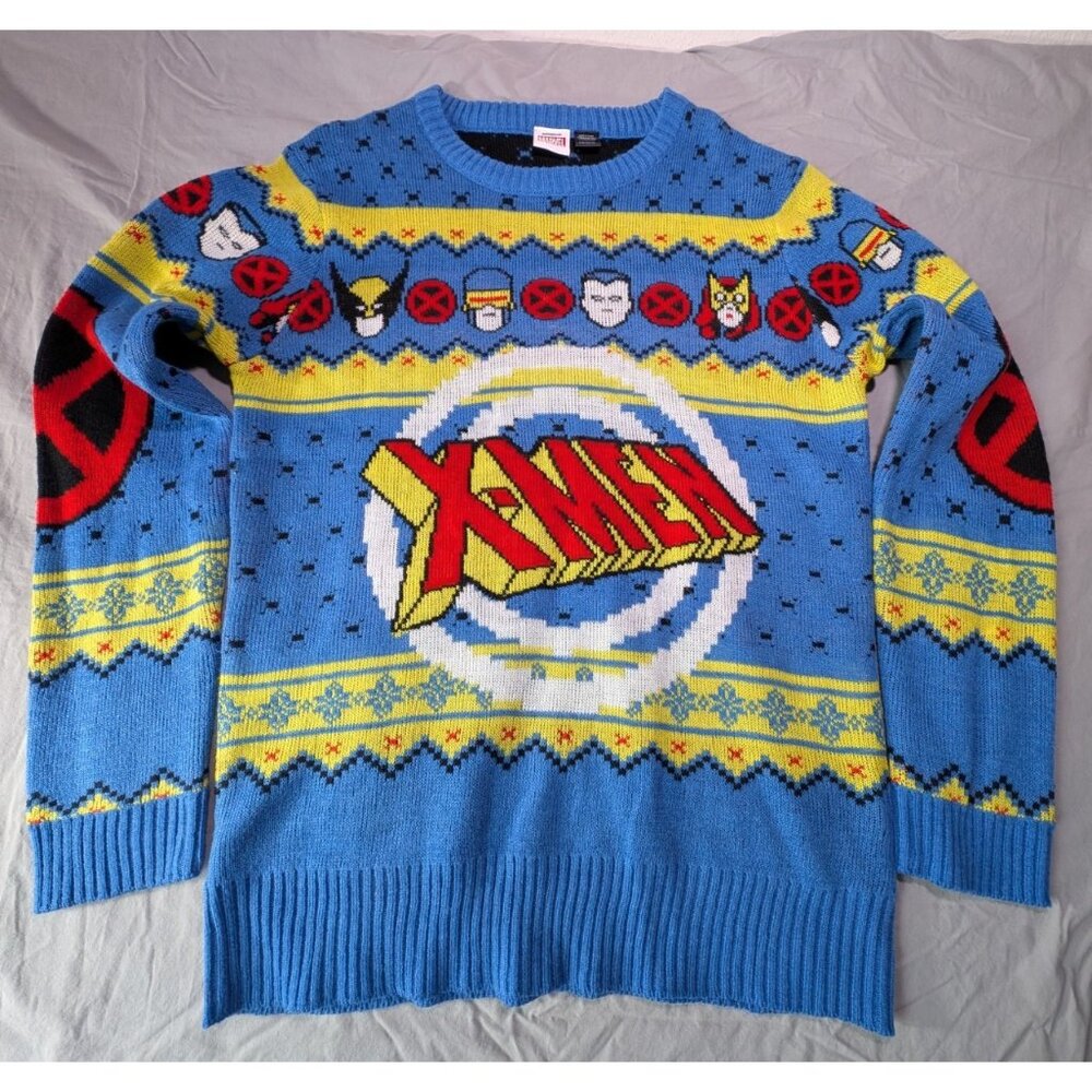 Marvel X-Men Ugly Christmas Holiday Sweater Adult Large Blue Mad Engine